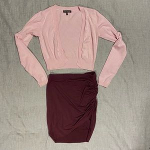 2piece outfit! Maroon mini skirt + light pink crop long sleeve cardigan